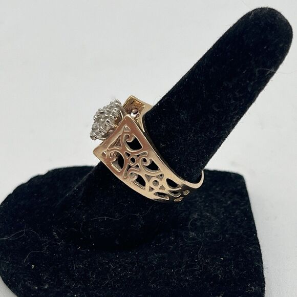VINTAGE 14K YELLOW GOLD 20 DIAMOND CLUSTER RING FILIGREE SIZE 6 - Picture 3 of 9